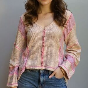 Urban Outfitters Beige and Pink V-Neck Sweater